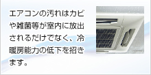 エアコンの汚れはカビや雑菌等が室内に放出されるだけでなく、冷暖房能力の低下を招きます。