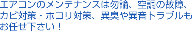 エアコンのメンテナンスは勿論、空調の故障、カビ対策・ホコリ対策、異臭や異音トラブルもお任せ下さい！